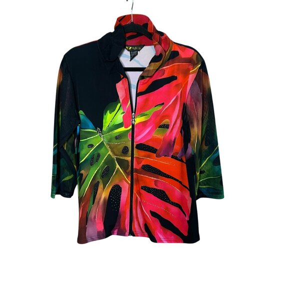 Valentina Tops - Valentina Colorful Leaf Design Full Zip Mesh Bling Top Jacket Size Medium